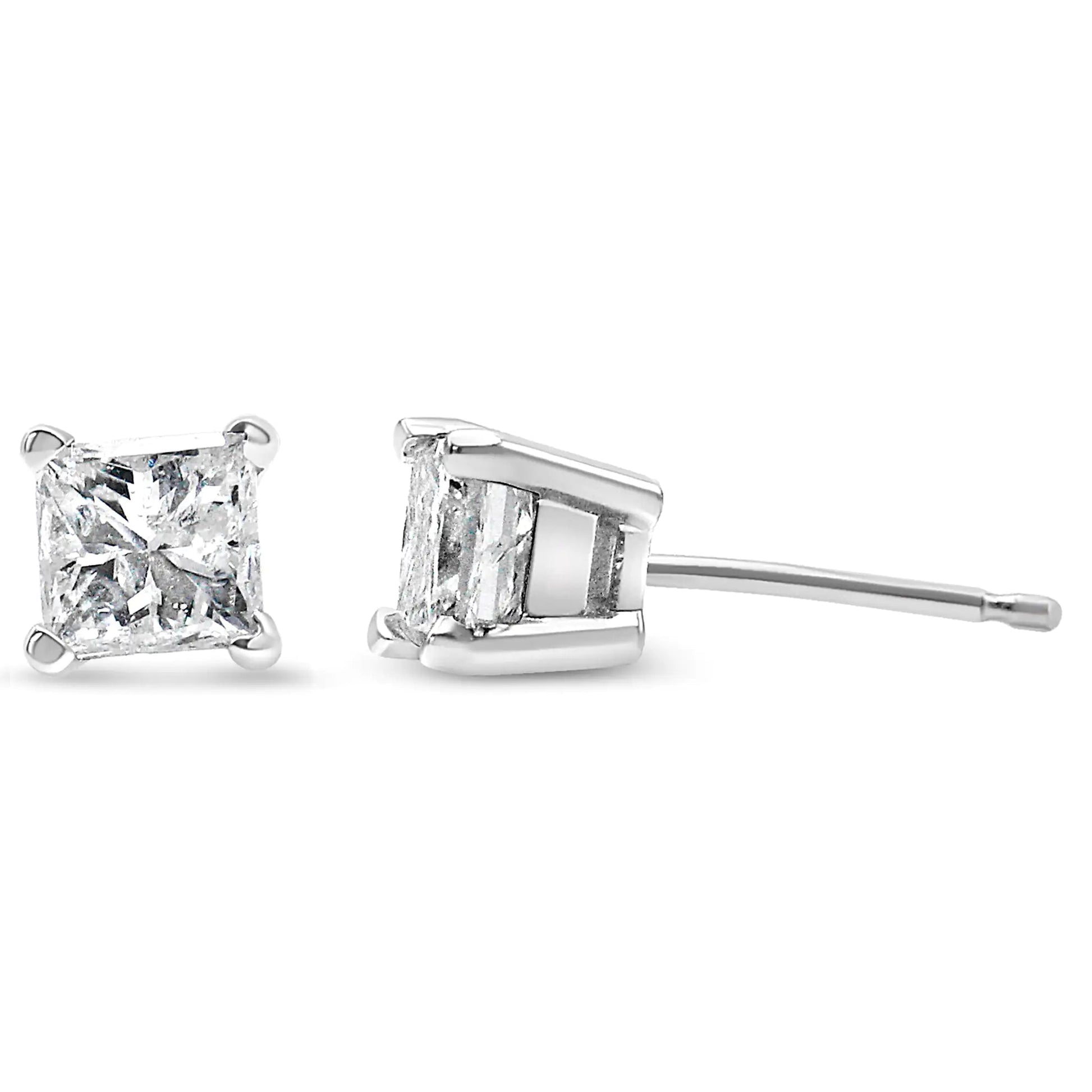 AGS Certified 14k White Gold 1.0 Cttw 4-Prong Set Princess-Cut Solitaire Diamond Push Back Stud Earrings for Women (E-F Color, I1-I2 Clarity) WEM Support (www.WEM.support)