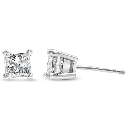 AGS Certified 14k White Gold 1.0 Cttw 4-Prong Set Princess-Cut Solitaire Diamond Push Back Stud Earrings for Women (E-F Color, I1-I2 Clarity) WEM Support (www.WEM.support)