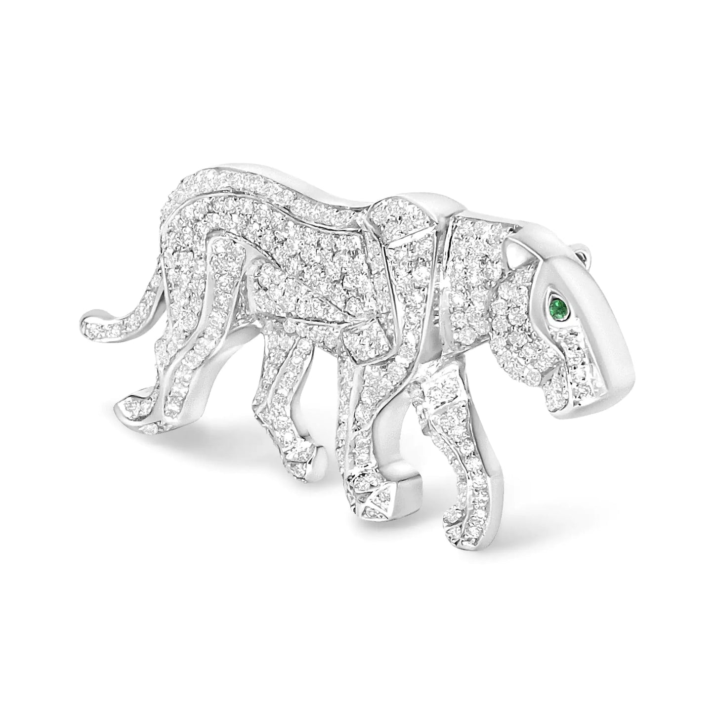 18K White Gold 2mm Green Round Emerald and 2 1/2 Cttw Diamond Panther Brooch Pin (H-I Color, SI1-SI2 Clarity) WEM Support (www.WEM.support)