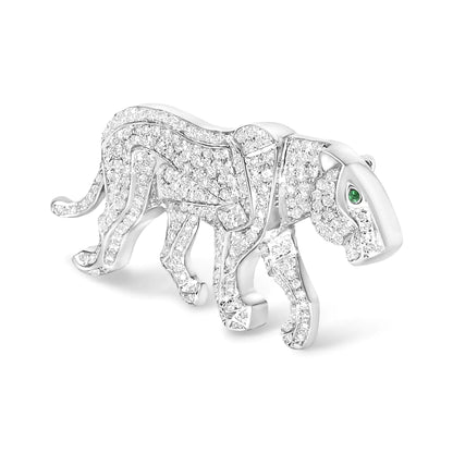 18K White Gold 2mm Green Round Emerald and 2 1/2 Cttw Diamond Panther Brooch Pin (H-I Color, SI1-SI2 Clarity) WEM Support (www.WEM.support)