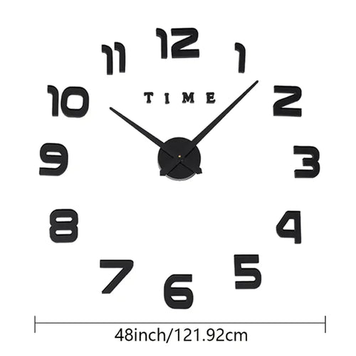 A 48 inch frameless 3D wall clock kit with black numbers and hands, displayed on a white background.