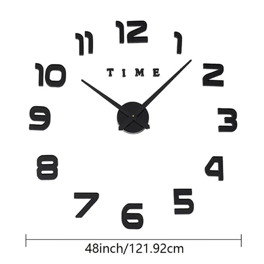 A 48 inch frameless 3D wall clock kit with black numbers and hands, displayed on a white background.
