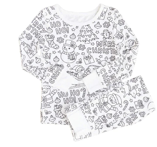 A set of white pajamas for kids with a Christmas-themed pattern, including the text 'Merry Christmas' and various Christmas-related icons in black.