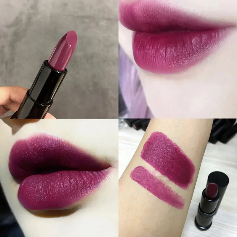 A collage of four images showing a dark purple chocolate brown matte lipstick. The images display the lipstick's color swatched on skin, applied to lips, the lipstick in its casing, and a close-up of the applied lipstick on lips.