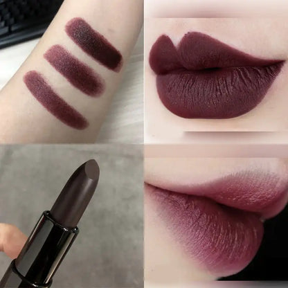 A collage of four images showing a dark purple chocolate brown matte lipstick. The images display the lipstick's color swatched on skin, applied to lips, the lipstick in its casing, and a close-up of the applied lipstick on lips.