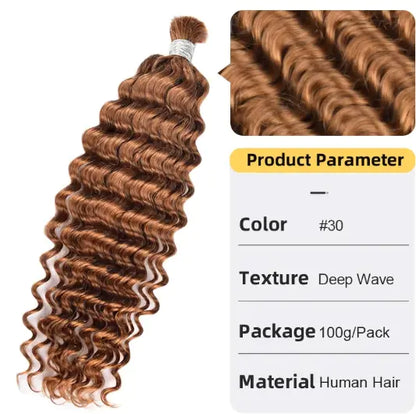 An image showing a bundle of deep wave textured hair extensions with the product parameters displayed: color (#/27), texture (Deep Wave), package (100g-Pack), and material (Human Hair).