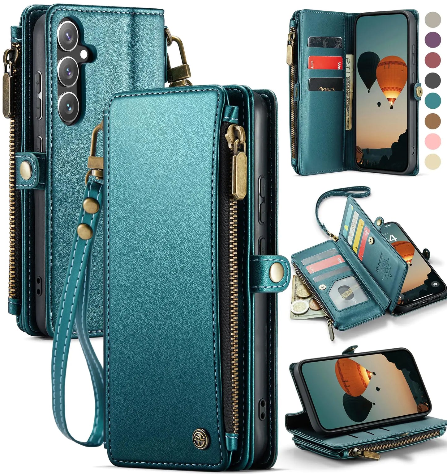 A purple Samsung Galaxy S24 FE case with a wallet and RFID blocking card holder, featuring a magnetic snap and zippered closure with a wrist strap.