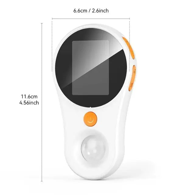 Handheld digital microscope with a black display screen, white body, orange buttons, and a lens on the front. Dimensions are shown: 6.