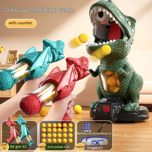 Children's dinosaur shooting game with air-powered guns and a moving dinosaur target, featuring multicolored plastic components and soft bullets.