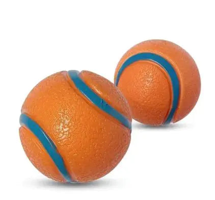 Two orange rubber dog fetch toy balls with blue stripes on a white background.
