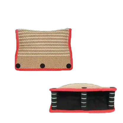 A dog biting sleeve in red and black colors, made from jute material, displayed in two different angles showing the front and side.