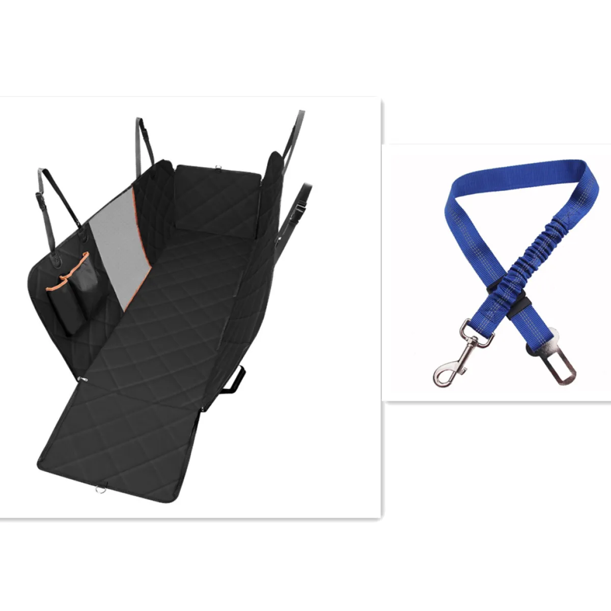 A black dog seat cover with a mesh window, designed to fit in a car seat, including dimensions.