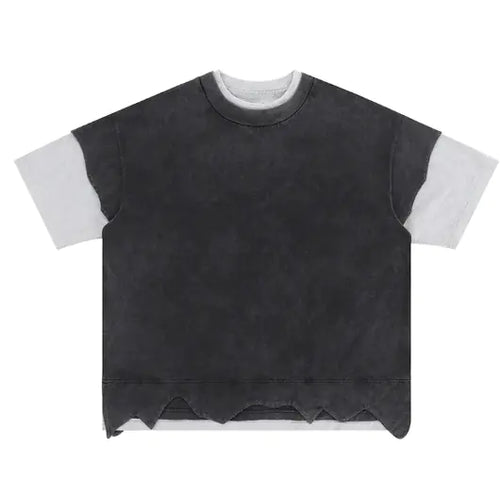 A double-layered color block T-shirt with distressed detailing, featuring black and white layers.