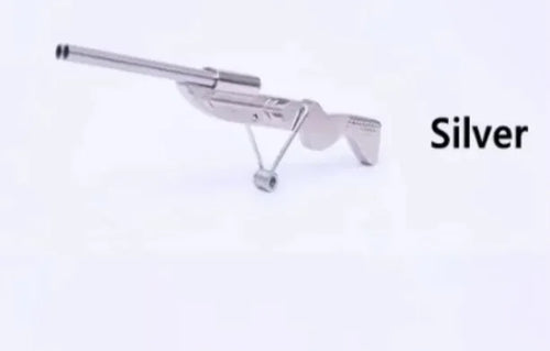 A silver-colored Double Tube Slingshot Toy against a white background.