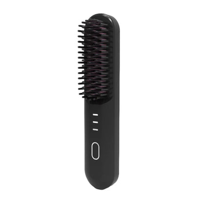 An ergonomic black rolling and straightening brush with a clamp mechanism and a handle.