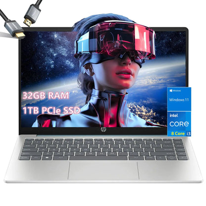 HP-14 inch Laptop-Windows 11-8 Core Intel i3-N305-32GB RAM -1TB PCIE SSD -Student Laptop School - Long Battery Life - Ultralight - Mini Computadoras Laptop en oferta 2024 - HDMI Cable