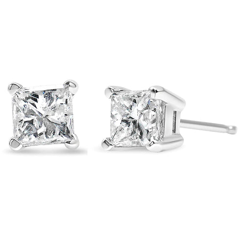 Boucles d'Oreilles en Diamant Solitaire Princesse de 14K Or avec Quatre Griffes Certifiées AGS (Couleur H-I, Clarté SI2-I1) WEM Support (www.WEM.support)
