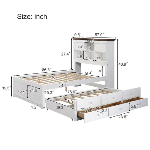 Solid Pine Captain Bookcase Bed With Trundle Bed And 3 Spacious Under Bed Drawers In Casual,Full, White Walnut WEM Support (www.WEM.support)
