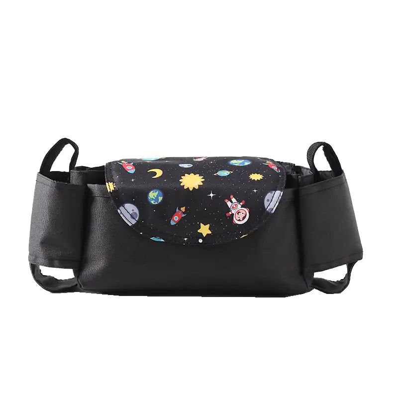 Black waist bag with space-themed design on a white background