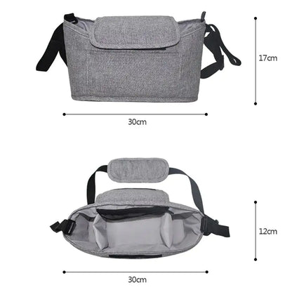 Gray bag with dimensions labeled on a white background