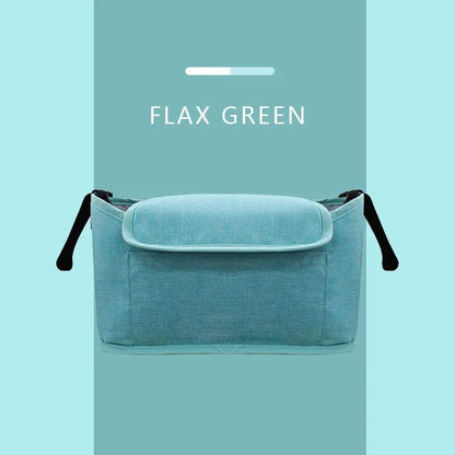 Flax green bag on a light blue background with 'FLAX GREEN' text above.