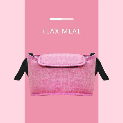 Pink bag with black straps on a pink background with 'FLAX MEAL' text.