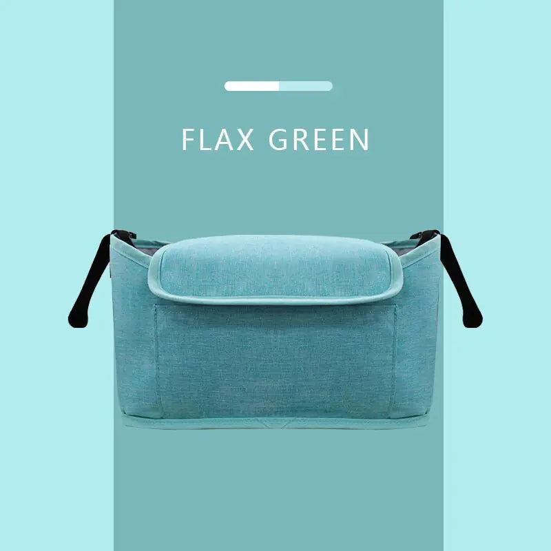 Flax green bag on a light blue background with 'FLAX GREEN' text above.
