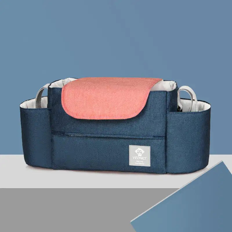 Blue and pink bag with a visible brand logo on a blue background