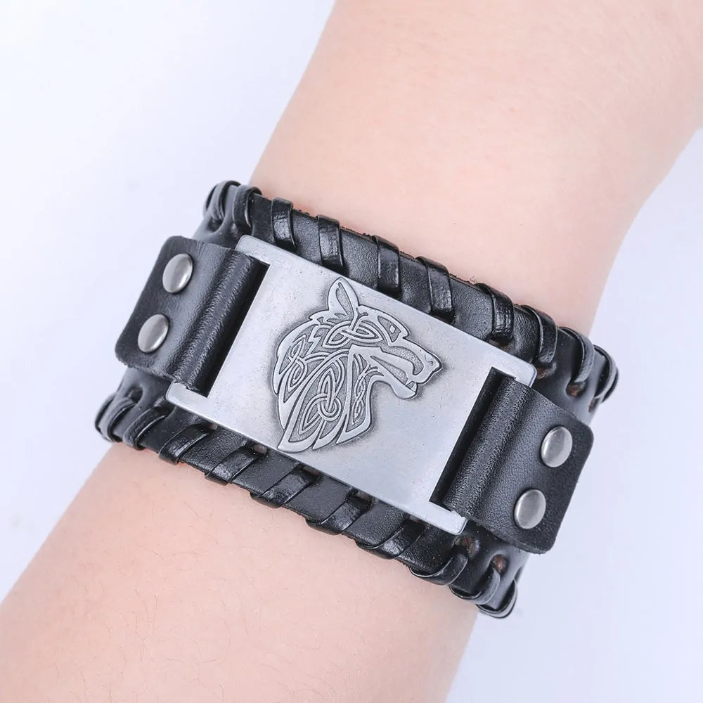 Vintage Wide Leather Woven Wolf Head Bracelet WEM Support (www.WEM.support)
