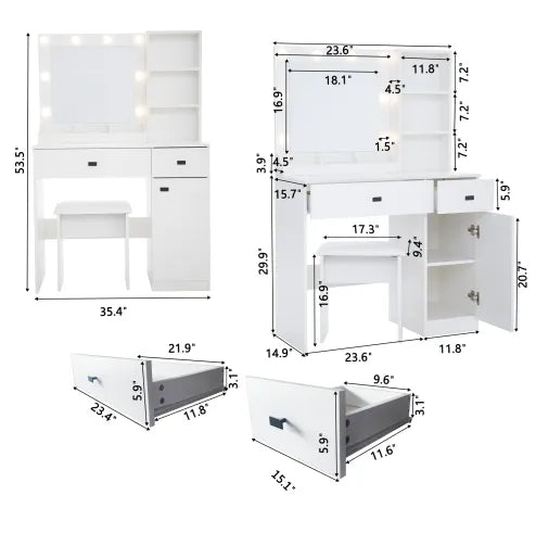 Vanity Desk With Lights, Vanity Set With Mirror, Makeup Vanity Desk With Large Drawers Three Level Storage Dreeser, VanitysVanities With 3 Lights Brightness Adjustable For Bedroom, White WEM Support (www.WEM.support)