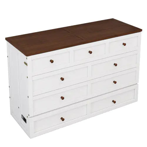 Solid Pine Murphy Bed Chest With Charging Station And Large Storage Drawer For Home Office Or Small Room , Queen, White Walnut WEM Support (www.WEM.support)