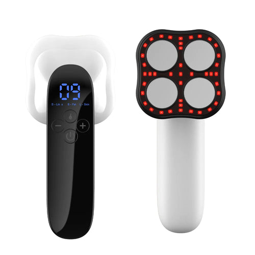 A handheld electric fat remover device with a digital display and red circular light patterns on the treatment head.