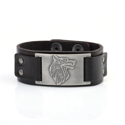 Vintage Wide Leather Woven Wolf Head Bracelet WEM Support (www.WEM.support)