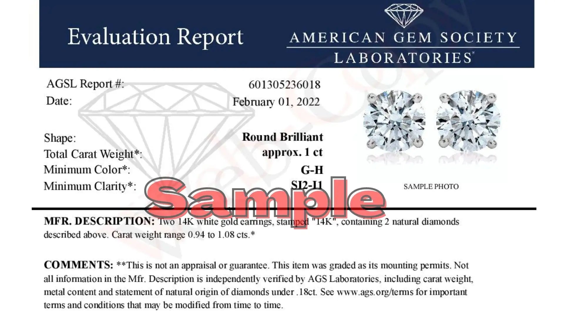 AGS Certified 14K White Gold 1.0 Cttw 4-Prong Set Brilliant Round-Cut Solitaire Diamond Push Back Stud Earrings (G-H Color, SI2-I1 Clarity) WEM Support (www.WEM.support)