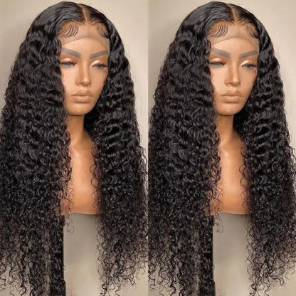 A mannequin head displaying a medium-long curly wig with small rolls, wearing a front lace wig.