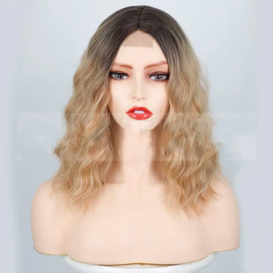 A mannequin head displaying a lace front wig with wavy gold-colored hair.