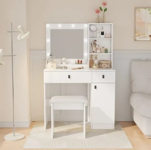 Vanity Desk With Lights, Vanity Set With Mirror, Makeup Vanity Desk With Large Drawers Three Level Storage Dreeser, VanitysVanities With 3 Lights Brightness Adjustable For Bedroom, White WEM Support (www.WEM.support)