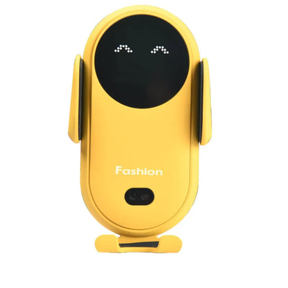A yellow fast charging car wireless mobile phone charger mounted in a car's dashboard with a smartphone displayed on the holder.