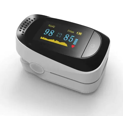 A black finger pulse oximeter with a digital display showing oxygen saturation and pulse rate.