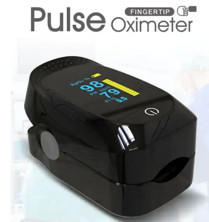 A black finger pulse oximeter with a digital display showing oxygen saturation and pulse rate.