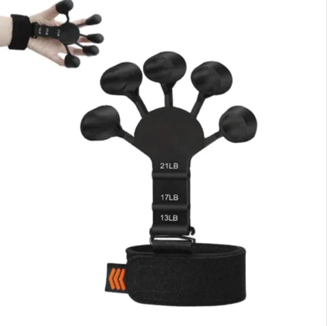 Two silicone resistance trainers for finger and wrist exercise, one large in black and one small in gray, displayed with a hand wearing a glove showing the palm side.