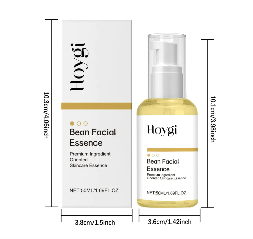 The image shows a packaged bottle of facial essence, with dimensions indicating the size of the product packaging. The packaging is predominantly white with gold accents and text detailing the product name and size.