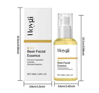 The image shows a packaged bottle of facial essence, with dimensions indicating the size of the product packaging. The packaging is predominantly white with gold accents and text detailing the product name and size.