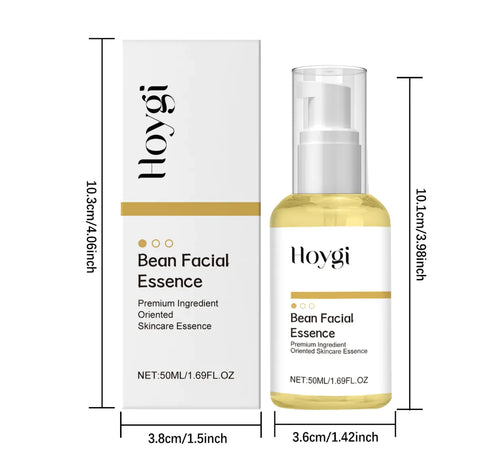 The image shows a packaged bottle of facial essence, with dimensions indicating the size of the product packaging. The packaging is predominantly white with gold accents and text detailing the product name and size.