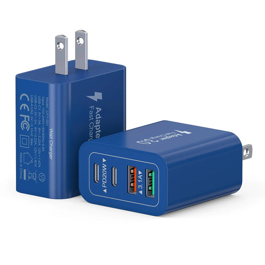 A blue Flat USB C Fast Wall Charger with two plugs and multiple port indicators on the front.