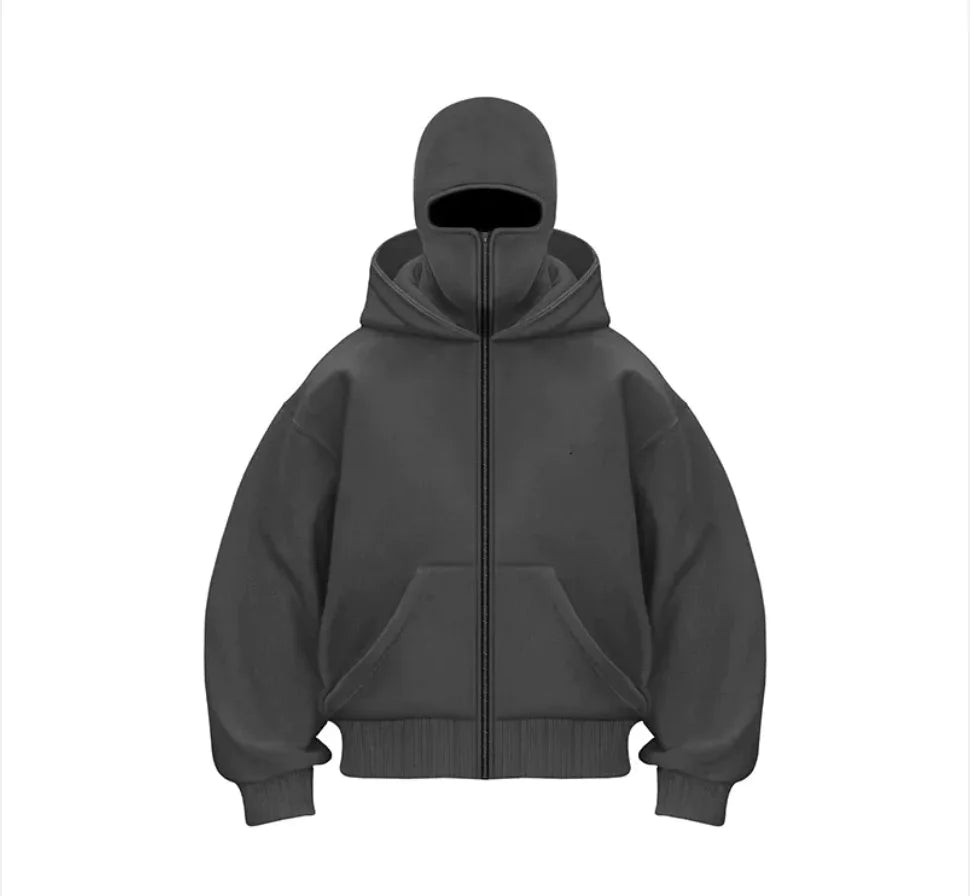 A gray fleece-lined dual hood sweatshirt with a front zipper and pockets.