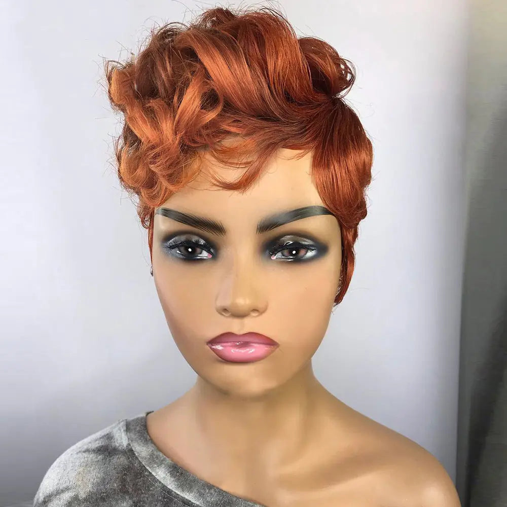 A mannequin head featuring a vibrant orange short curly wig with chemical fibers.