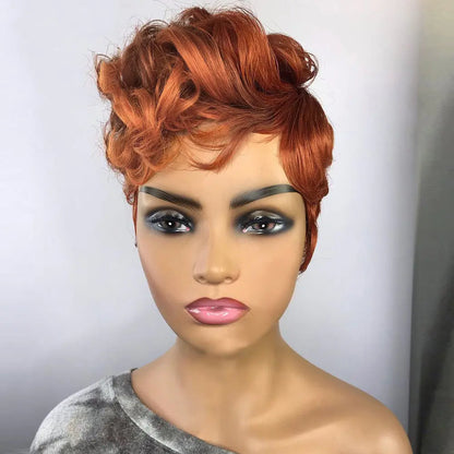 A mannequin head featuring a vibrant orange short curly wig with chemical fibers.