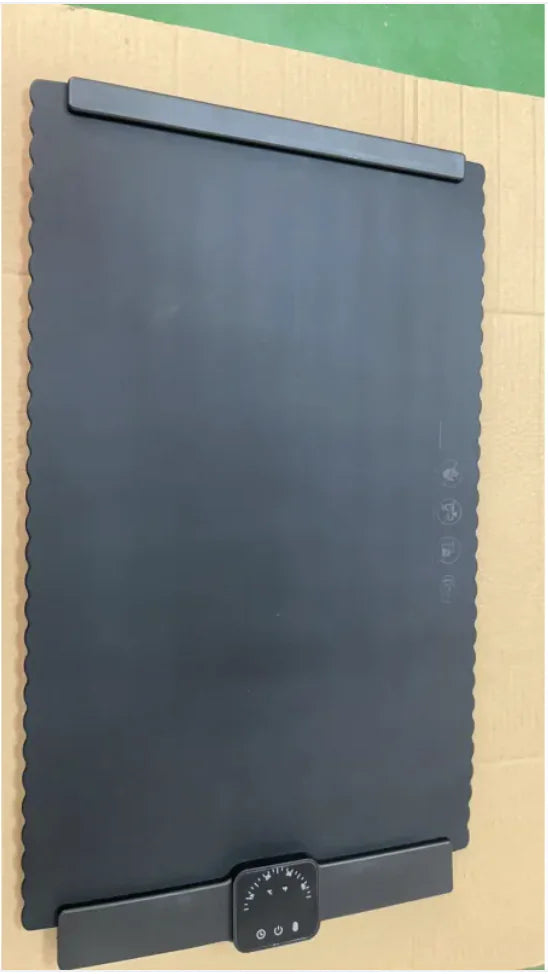 A foldable insulated dining board shown both folded and unfolded with various plates of food displayed on it, alongside a remote control-like device.