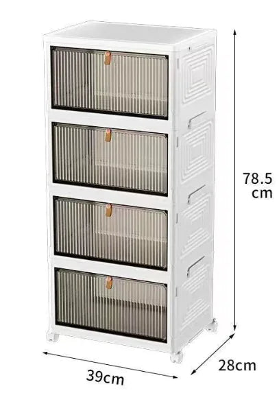 A foldable snack storage cabinet with dimensions 98 cm in height, 39 cm in width, and 28 cm in depth. The cabinet has a white frame and transparent panels.
